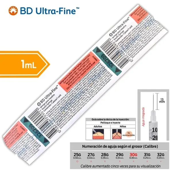 JERINGA 1mL. (BD U-Fine) Insulina c/AGUJA INTEGRADA 30Gx13mm. c/1 Pza.